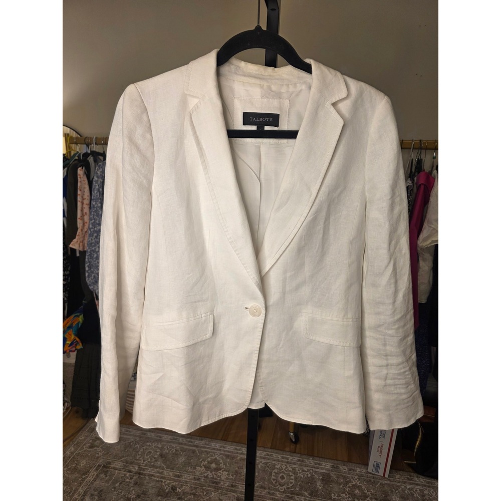 Talbots Womens White 100% Linen Single Button Blazer Jacket Size 6